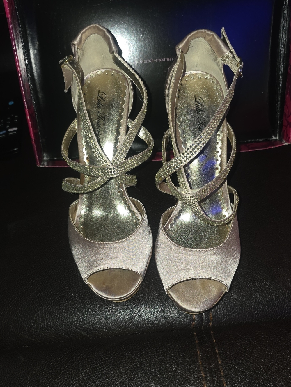 Lulu TownsendSatin Peep-Toe Heels with Crisscross Rhinestone Straps in Champagne